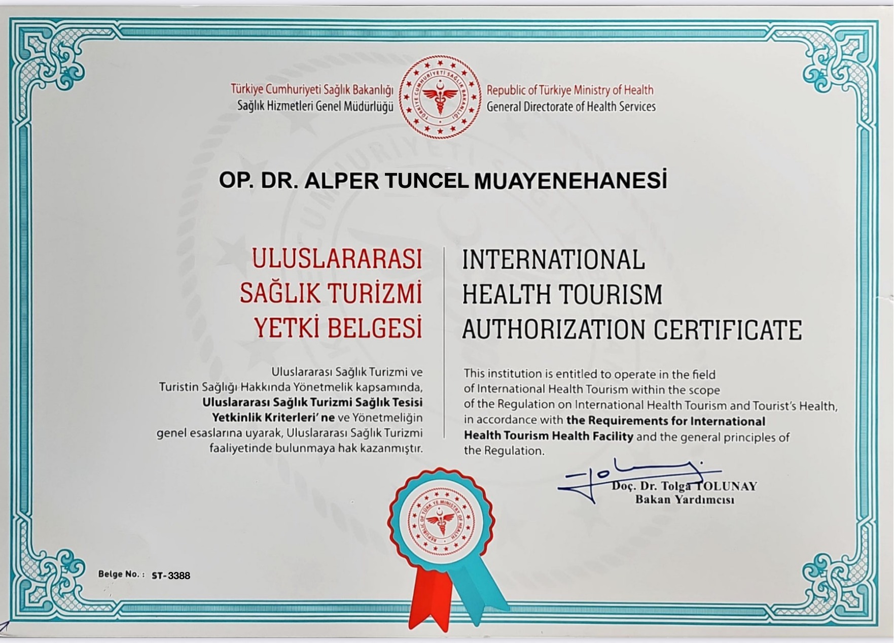 Republic of Türkiye Ministry of Health — International Health Tourism Authorization Certificate ST-3388